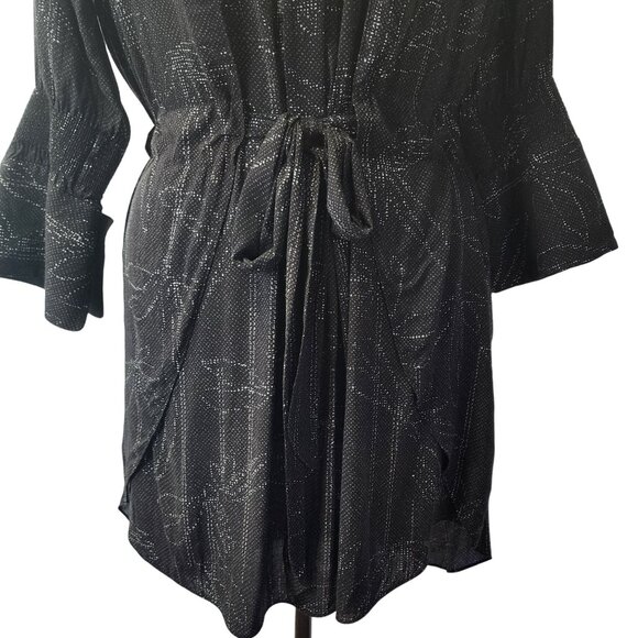 Halston Heritage Black & Silver Patterned Dress With Tie Waist & Flared Sleeves - Picture 5 of 16